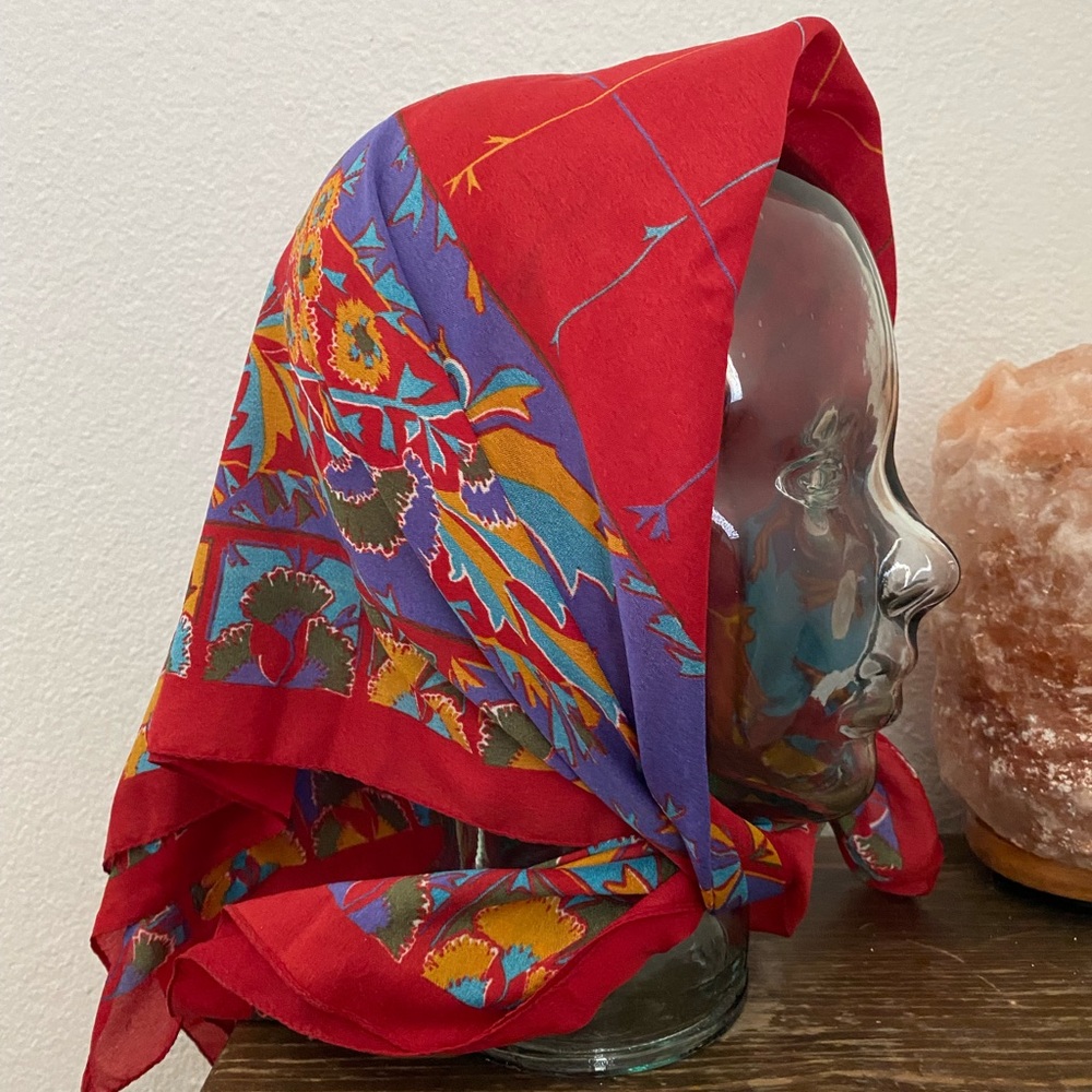 100% Silk Scarf with Gold, Purple, Green, Blue Flowers on Maroon